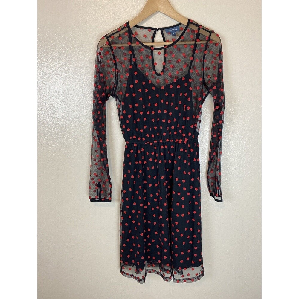 ModCloth S Embroidered Heart Dress Mini A-Line Mesh Retro Fit & Flare Sheer